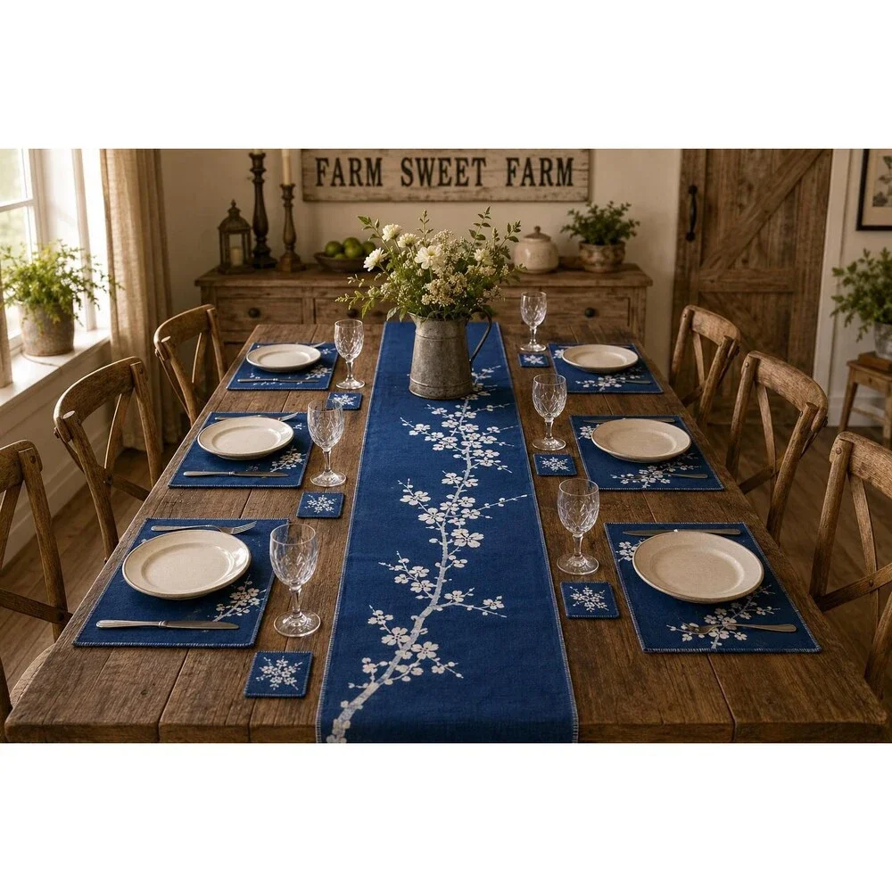 Handmade Indigo Batik Table Linen Set– Plum Blossom Runner, Placemats & Coasters